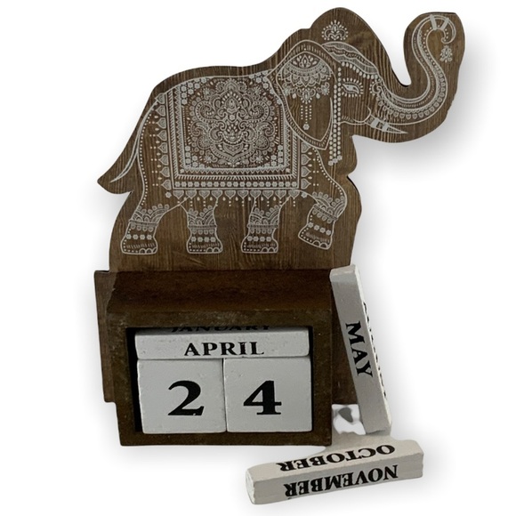 Other - Elephant Perpetual Calendar Wood Blocks Brown White Black
